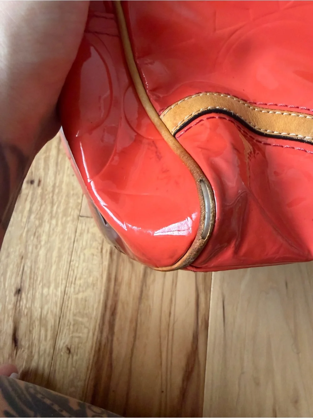 Coach Coral Patent Leather Shoulder Satchel with Tan Trim